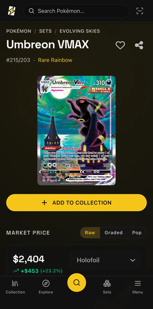 TCGVisor on a phone: Umbreon VMAX card page with live market price