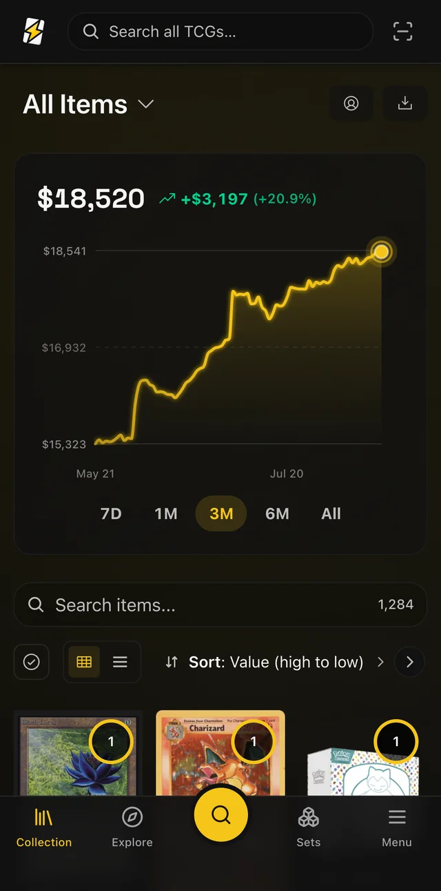 TCGVisor on a phone: collection dashboard with total value, price chart, and your cards across Pokémon, Magic, and more